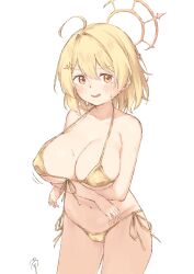 1girl absurdres ahoge arms_under_breasts bikini blonde_hair blush breasts cleavage commentary_request cowboy_shot gold_bikini hair_intakes halo highres hinata_mashu large_breasts looking_at_viewer minami_susi nanashi_inc. navel open_mouth orange_eyes orange_halo signature simple_background solo swimsuit virtual_youtuber white_background