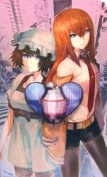 absurdres arm_belt belt black_pantyhose black_shorts breast_pocket breasts brown_hair brown_jacket collared_shirt fg204 grin hair_between_eyes hair_over_shoulder highres huke jacket jacket_partially_removed leather_belt looking_at_viewer makise_kurisu necktie non-web_source official_art pantyhose parted_lips pocket purple_eyes purple_trim red_necktie ringed_eyes scan shirt shorts small_breasts smile square_pupils standing steins;gate steins;gate:_my_darling&#039;s_embrace time_machine white_belt white_shirt