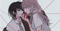 Rule 34 | 2girls, absurdres, black hair, collared shirt, commentary, eye contact, grey hair, grey necktie, guiltyskullu, highres, long hair, looking at another, multiple girls, naoi (zenbu kowashite jigoku de aishite), necktie, open mouth, school uniform, shirt, short hair, sidelocks, simple background, string, string of fate, teeth, unfinished, upper body, upper teeth only, white background, white shirt, yoshizawa kurumi, yuri, zenbu kowashite jigoku de aishite