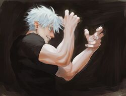Rule 34 | 1boy, absurdres, blue eyes, closed mouth, colored eyelashes, compression shirt, from side, gojou satoru, highres, jujutsu kaisen, male focus, mature male, muscular, muscular male, short hair, sira (si12o2), smile, solo, teeth, upper body, white hair
