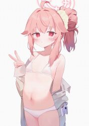 1girl absurdres ahoge bare_shoulders bikini blue_archive closed_mouth collarbone cowboy_shot dot_mouth dot_nose double-parted_bangs expressionless flat_chest grey_shirt hair_ornament hair_scrunchie halo highres ichibanboshi_yuzu looking_at_viewer natsu_(band)_(blue_archive) natsu_(blue_archive) navel nipples open_clothes open_shirt pink_hair ponytail red_eyes scrunchie see-through_bikini see-through_clothes shirt sidelocks simple_background swimsuit v white_background yellow_scrunchie