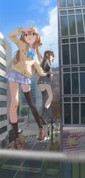 2girls absurdres ahoge aircraft arm_up asymmetrical_legwear black_cardigan black_socks black_thighhighs blue_bow blue_bowtie blue_eyes blue_sailor_collar blue_skirt blue_sky bow bowtie brown_hair brown_shoes building cardigan city commentary day english_commentary evil_neuro-sama giant giantess grey_skirt hair_between_eyes hair_ornament hair_ribbon heart heart_hair_ornament helicopter highres light_blush loafers long_hair mbkona multiple_girls neuro-sama open_mouth outdoors pleated_skirt red_bow red_bowtie red_eyes red_ribbon ribbon sailor_collar shoes siblings single_sock single_thighhigh sisters skirt sky socks standing thighhighs twins two_side_up uneven_legwear vedal_ai virtual_youtuber wide_shot yellow_cardigan