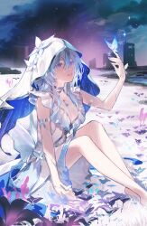 1girl arm_support arm_up armlet bare_legs blue_butterfly blue_hair blue_nails breasts bug butterfly butterfly_on_hand choker cleavage commentary dress duetrofl english_commentary feet_out_of_frame flower grass hair_between_eyes highres insect jewelry knees_up looking_at_animal medium_hair nail_polish night night_sky outdoors parted_lips purple_eyes shorekeeper_(wuthering_waves) short_dress silver_armlet silver_choker sitting sky sleeveless sleeveless_dress solo two-sided_veil veil white_dress white_veil wuthering_waves