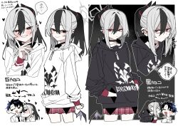 1boy 2girls black_background black_choker black_hair black_hoodie black_horns black_necktie black_vs_white blue_archive blue_hair choker clothes_grab commentary_request demon_horns dual_persona earrings fingernails glaring grey_hair grey_halo grin hair_between_eyes halo heart heart-shaped_pupils highres hood hood_down hoodie horns jewelry kayoko_(blue_archive) long_hair long_sleeves looking_at_viewer multicolored_hair multiple_girls necktie necktie_grab neckwear_grab oomori_(kswmr) partially_shaded_face red_eyes sensei_(blue_archive) shirt simple_background single_wing smile sweat symbol-shaped_pupils translation_request two-tone_background two-tone_hair white_background white_hoodie white_shirt wings
