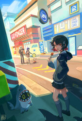 1boy 2girls alina_l bangboo_(zenless_zone_zero) belle_(zenless_zone_zero) black_hair black_jacket black_pants black_shirt black_skirt black_thighhighs blue_hair brother_and_sister candy colored_inner_hair day ellen_joe eous_(zenless_zone_zero) fins fish_tail food hairband hand_in_pocket highres holding holding_candy holding_food holding_lollipop hood hooded_jacket jacket kneehighs lollipop looking_at_viewer metal_hairband mole mole_under_eye multicolored_hair multiple_girls open_clothes open_jacket outdoors pants red_eyes shark_girl shark_tail shirt short_hair siblings single_thighhigh skirt socks tail thighhighs white_hair white_shirt wise_(zenless_zone_zero) zenless_zone_zero