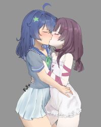 2girls ahoge blue_hair blush choker fallenshadow flat_chest frilled_skirt frills grabbing_another&#039;s_arm grabbing_back hair_ornament indie_virtual_youtuber kiss lesbian_couple loli multiple_girls purple_hair ribbon sailor_uniform senzawa short_hair shorts sidelocks skirt sleepwear sleeveless twintails x_hair_ornament yuri