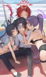 1boy 3girls absurdres animal_ear_fluff animal_ears bangs_pinned_back bikini black_bikini black_eyes black_hair black_nails black_pants black_shoes blue_archive blue_bikini blue_halo blue_haori blush cat_ears cat_girl closed_eyes closed_mouth doodle_sensei_(blue_archive) dragon_girl dragon_horns dragon_tail hairband halo haori highres horns japanese_clothes kikyou_(blue_archive) kikyou_(swimsuit)_(blue_archive) long_hair may.l multiple_girls multiple_tails ocean official_alternate_costume official_alternate_hairstyle open_mouth orange_hairband pants parted_bangs ponytail purple_eyes purple_hair purple_halo red_hair red_halo renge_(blue_archive) renge_(swimsuit)_(blue_archive) sensei_(blue_archive) shirt shoes short_hair single_horn sleeves_rolled_up smile socks sweat swimsuit tail thigh_strap two_tails white_shirt white_socks yellow_eyes yukari_(blue_archive) yukari_(swimsuit)_(blue_archive)