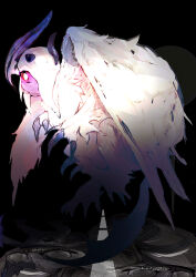 Rule 34 | absol, absurdres, claws, gen 3 pokemon, highres, horns, mega absol, mega pokemon, monster, nintendo, no pupils, one eye covered, pokemon, pokemon (creature), road, sableye, solo, solo focus, sukepmonster, white eyes, white fur, white wings, wings