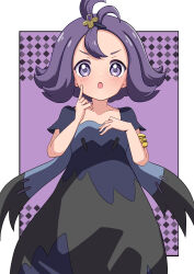 1girl :o absurdres acerola_(pokemon) armlet blush commentary_request dress hair_ornament hairclip highres index_finger_raised jewelry looking_at_viewer nintendo open_mouth pokemon pokemon_sm purple_eyes purple_hair rono_(lethys) short_hair short_sleeves simple_background solo
