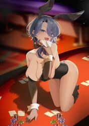 1girl absurdres animal_ear_hairband animal_ears bare_shoulders black_leotard black_shoes blue_eyes blurry blurry_background breasts cleavage collarbone earrings elbow_gloves fake_animal_ears gleam gloves grey_hair hairband highres jewelry kebohan kneeling large_breasts leotard long_hair on_table open_mouth phase_connect playboy_bunny poker_chip rabbit_ear_hairband rabbit_ears second-party_source shadow shisui_michiru_(phase_connect) shoes solo sparkle strapless strapless_leotard table virtual_youtuber white_wrist_cuffs wrist_cuffs