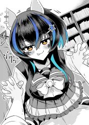 Rule 34 | 1boy, 1girl, absurdres, akkunz, animal ear piercing, animal ears, blue hair, bookshelf, breasts, colored inner hair, commentary request, daitaku helios (umamusume), ear covers, ear piercing, girl on top, hair between eyes, highres, holding hands, horse ears, horse girl, horse tail, indoors, large breasts, licking lips, multicolored hair, piercing, sidelocks, smile, solo focus, spot color, streaked hair, tail, tongue, tongue out, trainer (umamusume), umamusume, yellow eyes, yukadon on viewer