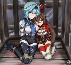 2girls absurdres amber_(genshin_impact) anger backless_leotard backless_outfit bdsm black_hairband black_thighhighs blue_cape blue_hair blue_necktie bondage bound breasts brown_hair cage cape cleavage closed_mouth clothing_cutout dungeon eula_(genshin_impact) genshin_impact gloves goggles hair_ornament hairband high-waist_shorts highres jacket leotard long_sleeves looking_at_viewer medium_breasts medium_hair multiple_girls necktie puffy_sleeves red_gloves red_jacket red_ribbon ribbon rope shorts shoulder_cutout sitting thighhighs vakaosciosa wooden_cage