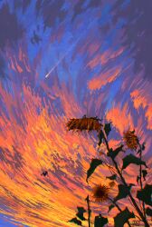 1other absurdres chinese_commentary chromatic_aberration cloud cloudy_sky colorful commentary commentary_request english_commentary fangpeii flower highres meteor mixed-language_commentary on_swing orange_clouds original outdoors plant purple_clouds scenery sky sky_focus sunflower sunset swing very_wide_shot