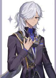arm_strap artist_request black_coat cane coat collared_coat cyno_(genshin_impact) cyno_(resplendent_feast)_(genshin_impact) dark-skinned_male dark_skin earrings genshin_impact gold_earrings gold_trim hair_over_one_eye highres holding holding_cane jewelry low_ponytail ponytail purple_undershirt shirt spotlight turtleneck turtleneck_shirt undershirt