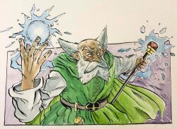 1boy aura balding beard belt brey cape cowboy_shot dragon_quest dragon_quest_iv energy_ball facial_hair green_cape green_robe hands_up holding holding_staff long_sleeves looking_at_viewer mage_staff male_focus mustache old old_man pointy_nose powering_up robe solo staff tom_loki white_sleeves wizard