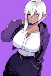 1girl absurdres belt black_belt black_pants breasts collarbone dark-skinned_female dark_elf dark_skin double-parted_bangs elf highres hood hood_down hoodie jewelry large_breasts looking_at_viewer necklace nokaa_aru original pants parted_lips pointy_ears purple_background purple_hoodie short_hair simple_background smile solo white_hair