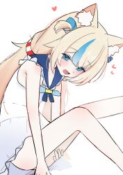 1girl absurdres animal_ear_fluff animal_ears bare_arms bare_legs bare_shoulders blonde_hair blue_eyes blue_hair blush feet_out_of_frame heart high_(hgih) highres indie_virtual_youtuber long_hair multicolored_hair open_mouth sailor_collar sameko_saba simple_background sitting sleeveless solo streaked_hair two-tone_hair very_long_hair virtual_youtuber white_background