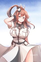 Rule 34 | 1girl, 702 (naotsu), absurdres, anchor choker, black gloves, blue eyes, breasts, brown hair, cowboy shot, dress, gloves, highres, kantai collection, large breasts, long hair, looking at viewer, open mouth, ponytail, saratoga (kancolle), side ponytail, smile, solo, white dress