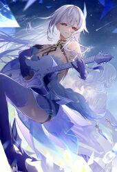 Rule 34 | 1girl, absurdres, arano (waikuni11), dress, genshin impact, gradient thighhighs, grey hair, guitar, highres, holding, holding guitar, holding instrument, instrument, knees up, long hair, night, night sky, parted lips, purple hands, purple thighhighs, red eyes, skirk (genshin impact), sky, solo, star (sky), thighhighs, white dress