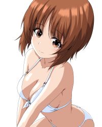 1girl absurdres ass bikini blush breasts brown_eyes brown_hair butt_crack cleavage closed_mouth collarbone death_moa girls_und_panzer highres large_breasts looking_at_viewer navel nishizumi_miho short_hair simple_background smile solo swimsuit white_background white_bikini