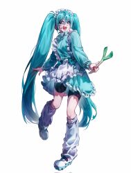 1girl alternate_costume apron arm_at_side bike_shorts_under_skirt black_shorts blue_hair blue_jacket blue_sky corrupted_twitter_file food frilled_hairband frilled_skirt frills hairband hatsune_miku headphones headset highres holding holding_food holding_spring_onion holding_vegetable jacket jersey_maid leg_up leg_warmers long_hair long_sleeves maid maid_headdress microphone open_mouth shoes shorts simple_background skirt sky slip-on_shoes solo spring_onion standing standing_on_one_leg teeth track_jacket transparent_background twintails unconventional_maid upper_teeth_only vegetable very_long_hair vocaloid waist_apron white_apron white_hairband white_leg_warmers yang0602222