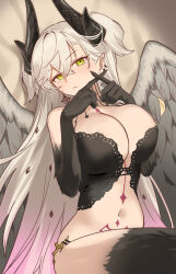 1girl bare_shoulders black_hands black_panties black_thighhighs blush body_markings breasts cleavage colored_extremities crossed_bangs demon_girl demon_horns detached_collar earrings fate/grand_order fate_(series) feathered_wings green_eyes grey_hair hair_between_eyes highres hirunagi horns jewelry lace_trim large_breasts lilith_(fate) lilith_(third_ascension)_(fate) long_hair looking_at_viewer navel panties pointy_ears solo stomach_tattoo tattoo thighhighs thighs underwear very_long_hair wings x_fingers