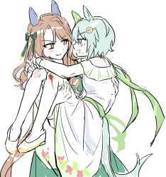 2girls animal_ears carrying dress highres horse_ears horse_girl horse_tail king_halo_(umamusume) multiple_girls off_shoulder princess_carry seiun_sky_(umamusume) simple_background smile tagme tail umamusume unseuking0427 white_background yuri