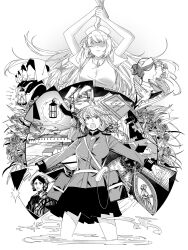 apron building collared_shirt cowboy_shot fate/grand_order fate_(series) florence_nightingale_(fate) flower greyscale hair_bun headscarf highres holding holding_lamp holding_sword holding_weapon hospital_gown jewelry locket long_hair long_sleeves mask monochrome mouth_mask music noetebook nurse open_mouth outstretched_arms pendant rose segabuki shirt short_hair singing star_symbol sword very_long_hair weapon white_apron