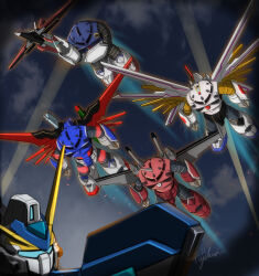 absurdres assault_visor claws destiny_gundam_spec_ii energy_gun energy_sword energy_wings flying fujikusa gundam gundam_seed gundam_seed_freedom highres impulse_gundam_spec_ii infinite_justice_gundam_type_ii mecha mecha_focus mechanical_wings mighty_strike_freedom_gundam mobile_suit night night_sky no_humans robot science_fiction sky sword v-fin weapon windam_(gundam_seed) wings z&#039;gok_(seed) zooming_in