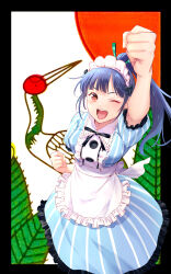 1girl absurdres apron blue_hair breasts hand_up highres large_breasts maid maid_apron maid_headdress megami_no_cafe_terrace official_art one_eye_closed open_mouth ponytail seo_kouji solo teeth tsuruga_ami