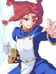 1girl beryberie blue_tunic commentary electricity fighting_stance fingerless_gloves frown gloves grimace hair_tie highres hirogaru_sky!_precure kazuma_muramasa looking_to_the_side precure red_eyes red_hair single_glove solo standing tunic two_side_up white_background white_gloves
