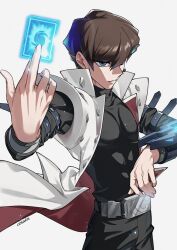 1boy belt black_pants black_shirt blue_eyes brown_hair card closed_mouth coat duel_disk hair_between_eyes highres holding holding_card kaiba_seto looking_at_viewer lunapont male_focus open_clothes open_coat pants shirt short_hair solo white_background white_coat yu-gi-oh! yu-gi-oh!_the_dark_side_of_dimensions