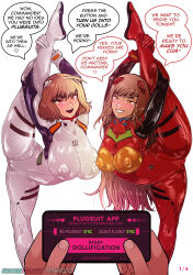 Rule 34 | 1boy, 2girls, absurdres, anis (nikke), ayanami rei, ayanami rei (cosplay), blue eyes, body modification, bodysuit, breasts, breasts squeezed together, brown hair, commander (nikke), cosplay, curvy, fetish studio, flexible, goddess of victory: nikke, highres, large breasts, leg lift, long hair, looking at another, looking at viewer, mecha pilot suit, multiple girls, neon genesis evangelion, plugsuit (evangelion), rapi (nikke), red bodysuit, shiny clothes, short hair, simple background, souryuu asuka langley, souryuu asuka langley (cosplay), standing, standing on one leg, trapped, white background, wide hips