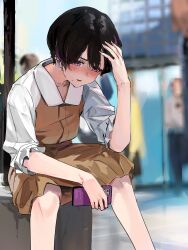 1girl black_hair blurry blurry_background blush brown_dress cellphone collared_dress commentary_request dress ear_piercing earclip funi_mu9 hand_on_own_head highres holding holding_phone mole mole_under_mouth multicolored_hair original parted_lips people phone piercing purple_hair short_hair sitting smartphone solo_focus streaked_hair two-tone_hair white_sleeves