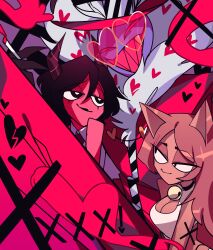 1boy 2girls ama0805 animal_print breasts cleavage coat colored_skin demon_boy fur-trimmed_coat fur_trim hat hazbin_hotel heart heart-shaped_eyewear highres large_breasts long_coat looking_at_viewer multiple_girls pink_coat purple_skin red_eyes sharp_teeth solo teeth valentino_(hazbin_hotel) zebra_print