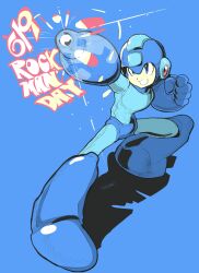 1boy absurdres arm_cannon blue_background blue_bodysuit blue_eyes blue_helmet bodysuit character_name copyright_name dated energy_gun full_body glint helmet highres male_focus arm_cannon mega_man_(character) mega_man_(classic) mega_man_(series) mega_man_day saturnserkel simple_background solo weapon