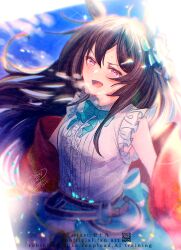 1girl :d animal_ears blue_bow bluesky_username blush bow breasts brown_hair center_frills ear_bow english_text frills hair_between_eyes heavy_breathing highres horse_ears ittokyu long_hair looking_at_viewer mejiro_dober_(umamusume) open_mouth pixiv_id purple_eyes qr_code shirt signature sleeveless sleeveless_shirt small_breasts smile solo twitter_username umamusume v-shaped_eyebrows very_long_hair watermark white_shirt