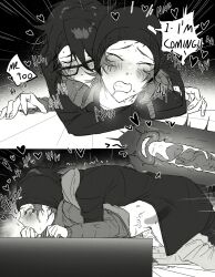 absurdres blush closed_mouth clothes_pull clothing_request cum cuntboy cuntboy_with_male deep_penetration ejaculation fushimi_saruhiko glasses greyscale heart highres internal_cumshot k-project male_focus monochrome pants pants_pull penis sex sex_from_behind short_hair treslech3s uterus vaginal x-ray yata_misaki
