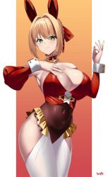 1girl animal_ears bare_shoulders blonde_hair braid breasts choker covered_navel detached_sleeves fate/grand_order fate_(series) french_braid gradient_background green_eyes hand_on_own_chest highres kurozawa_yui large_breasts legs_together looking_at_viewer nail_polish nero_claudius_(fate) nero_claudius_(fate/extra) rabbit_ears signature smile solo