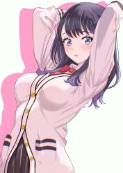 1girl :o arms_up black_hair blue_eyes blush breasts cardigan gridman_universe jacket kousan long_hair long_sleeves looking_at_viewer medium_breasts open_mouth pleated_skirt school_uniform skirt solo ssss.gridman takarada_rikka upper_body white_jacket