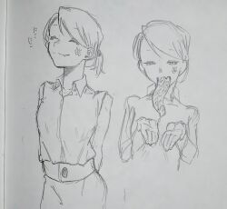 1girl artist_request long_tongue monochrome photo_(medium) reptile_girl sketch smile tongue tongue_out