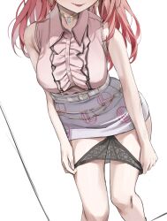 1girl absurdres bare_shoulders black_panties breasts center_frills collared_shirt commentary frilled_shirt frills gradient_hair highres hololive hololive_dev_is ichijou_ririka ichijou_ririka_(1st_costume) large_breasts long_hair multicolored_hair open_mouth panties panty_lift pink_hair pink_shirt scarlet_(wv0102) shirt skirt sleeveless sleeveless_shirt smile solo symbol-only_commentary thighs underwear virtual_youtuber white_background white_skirt