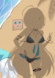 1girl absurdres ahoge bikini black_bikini blush commentary dressed_shadow_(meme) friend_(nanashi_mumei) hand_on_own_hip highres hololive jewelry long_hair meme nanashi_mumei narukahana necklace ocean sand swimsuit symbol-only_commentary thigh_strap unworn_bikini v very_long_hair