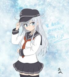 1girl anchor_symbol black_sailor_collar black_skirt black_thighhighs blue_eyes commentary_request cowboy_shot dated flat_cap grey_hair hat hibiki_(kancolle) highres kantai_collection long_hair long_sleeves looking_at_viewer makkii_(stuziomckeesm) neckerchief pleated_skirt red_neckerchief sailor_collar sailor_shirt school_uniform serafuku shirt skirt solo standing thighhighs white_shirt