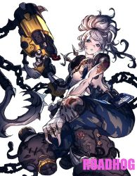 1girl arm_tattoo arm_wrap armor bandaged_arm bandages black_gloves boots bracer breasts brown_boots chain character_name closed_mouth cobono ear_piercing female_focus finger_on_trigger fingerless_gloves fingernails from_below gas_mask genderswap genderswap_(mtf) gloves grapnel green_eyes green_lips grey_hair gun hair_ornament hair_tie hand_up handgun harness holding holding_gun holding_weapon hook jewelry knee_pads kneeling lace-up_boots large_breasts lips lipstick long_hair looking_at_viewer makeup mascara mask overalls overwatch overwatch_1 pants pauldrons piercing plate ponytail ring roadhog_(overwatch) shoulder_armor shoulder_pads simple_background single_glove skull solo spikes strap suspenders swimsuit tattoo underboob unused_tire weapon white_background white_hair