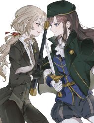 2girls ascot belt belt_buckle beret black_gloves black_jacket black_pants black_shorts black_suit blonde_hair blue_shirt brown_hair buckle cane chibiya1010 clash closed_mouth collared_shirt commentary_request commission cowboy_shot duel eye_contact formal_clothes from_side gloves green_headwear green_jacket grey_necktie grey_vest hair_behind_ear hair_between_eyes hair_ribbon hand_up hands_up hat highres holding holding_cane holding_sword holding_weapon jacket jacket_on_shoulders korean_commentary long_sleeves looking_at_another low_ponytail multiple_girls necktie official_alternate_costume official_alternate_hairstyle open_clothes open_jacket pant_suit pants pantyhose pantyhose_under_shorts parted_lips pink_eyes ponytail profile puffy_shorts purple_eyes red_ribbon ribbon saijou_claudine second-party_source shirt shorts shoujo_kageki_revue_starlight sidelocks simple_background smile standing suit swept_bangs sword tendou_maya v-shaped_eyebrows vest wavy_hair weapon white_ascot white_background white_gloves white_pantyhose white_shirt yellow_belt