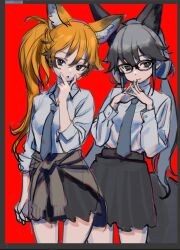 Rule 34 | 2girls, absurdres, alternate costume, alternate hairstyle, animal ears, arairestaurant, black hair, black necktie, black skirt, brown eyes, brown hair, clothes around waist, collared shirt, cowboy shot, extra ears, ezo red fox (kemono friends), fox ears, fox girl, fox tail, glasses, grey hair, hair between eyes, highres, kemono friends, long sleeves, multicolored hair, multiple girls, necktie, orange hair, pleated skirt, ponytail, shirt, sidelocks, silver fox (kemono friends), skirt, sweater, sweater around waist, tail, twintails, white shirt
