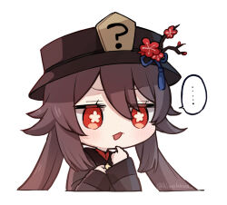... 1girl ? artist_name black_hat blue_ribbon blush branch brown_coat brown_hair chibi coat collared_coat commentary_request flower flower-shaped_pupils genshin_impact gradient_hair hair_between_eyes hands_up hat hat_flower hat_ornament hat_ribbon hat_tassel hiwokawa hu_tao_(genshin_impact) long_hair long_sleeves looking_to_the_side mandarin_collar motion_lines multicolored_hair open_mouth pink_flower red_eyes red_flower red_shirt ribbon shirt sidelocks simple_background solo speed_lines symbol-shaped_pupils tassel twintails upper_body white_background wide_sleeves wing_collar