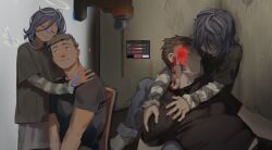 1boy 1girl ahoge androgynous angel_martinez angel_wings arms_around_neck baggy_clothes basement black_shirt blood blood_on_clothes blood_on_face blue_hair blush brown_eyes brown_hair chair clinical_trial_(game) couple death empty_eyes epseelutely halo hetero highres holding hug implied_suicide indoors lee_smith long_skirt long_sleeves looking_at_another lying messy_hair multiple_views muscular muscular_male no_mouth patch photoshop_(medium) power_drill shirt short_hair sitting size_difference skirt stress striped_clothes user_interface white_halo wings