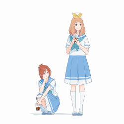 Rule 34 | 2girls, blonde hair, blue neckerchief, blue sailor collar, blue serafuku, blue skirt, brown hair, closed mouth, commentary request, cup, disposable cup, drinking straw, full body, green eyes, hair ribbon, hibike! euphonium, highres, holding, holding cup, kitauji high school uniform, lizybrush, looking at another, medium hair, multiple girls, nakagawa natsuki, neckerchief, pleated skirt, purple eyes, ribbon, sailor collar, school uniform, serafuku, short sleeves, simple background, skirt, socks, squatting, standing, white background, white socks, yellow ribbon, yoshikawa yuuko